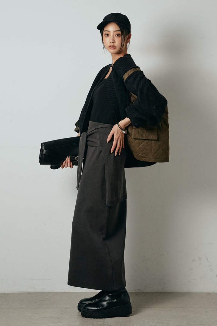 [SET]キルティング切り替えニットカーディガン+ウエストラップ巻きニットスカート(2set)