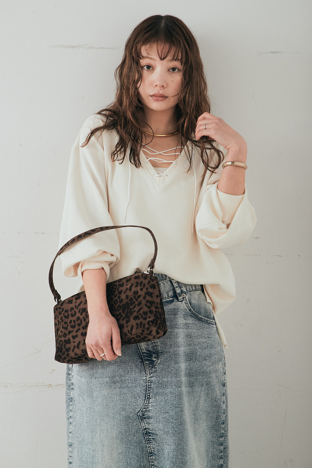 [SET]レースアップワッフルボーダートップス+ウエストクロスデニムタイトスカート(2set)