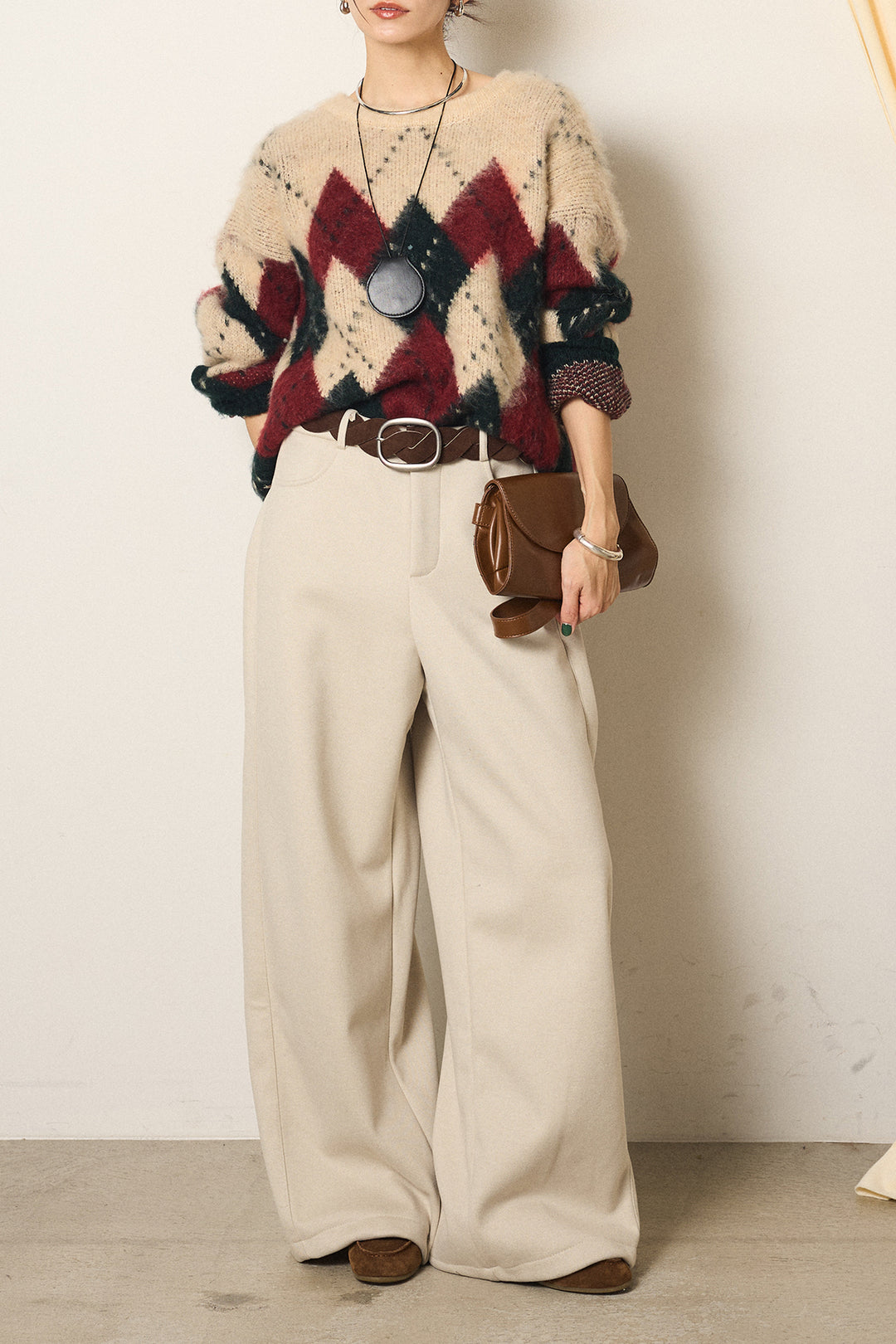 [SET]配色アーガイル柄ニットトップス+編みベルト付きワイドパンツ(2set)