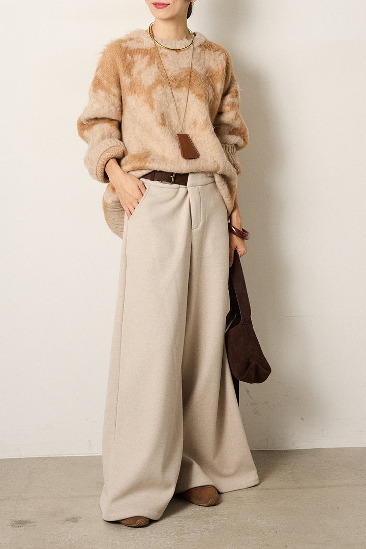 [SET]モヘアタッチマーブルニット+サイドベルトパンツ(2set)