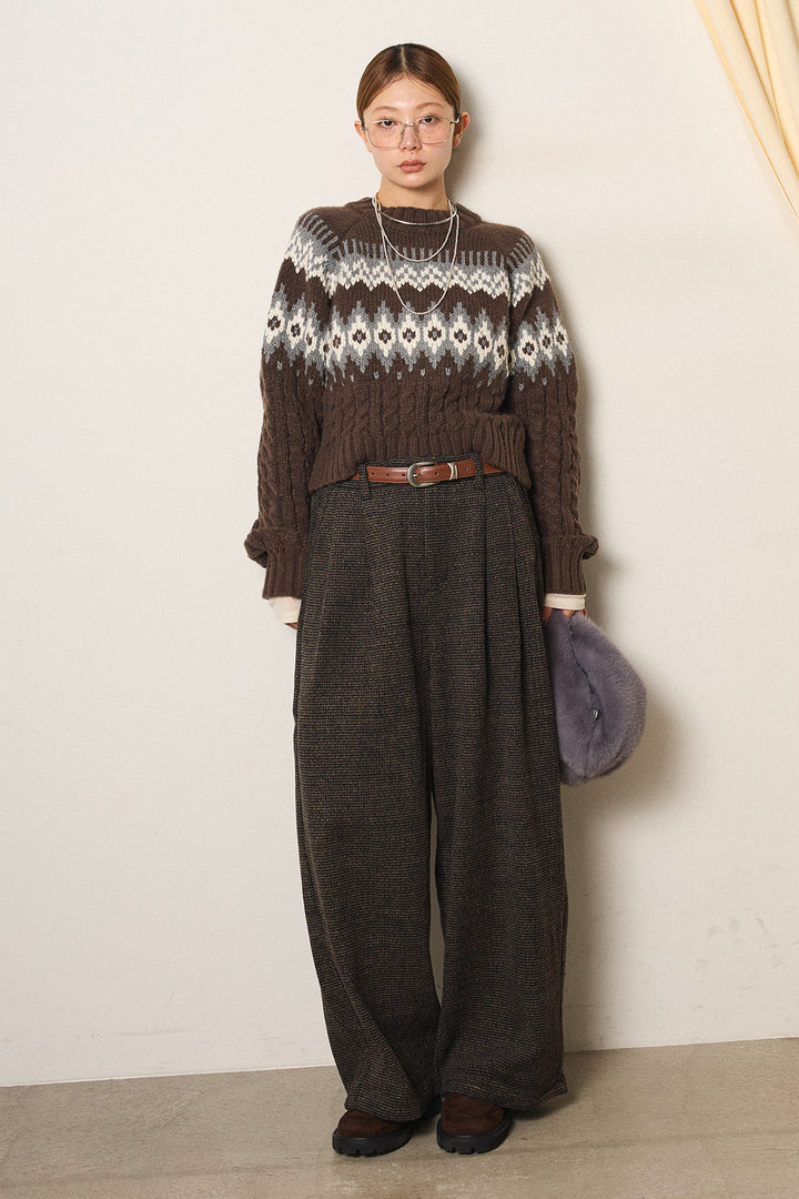 [SET]2WAY求心柄ジャガードショートカーディガン+起毛タック入りツイードワイドパンツ(2set)