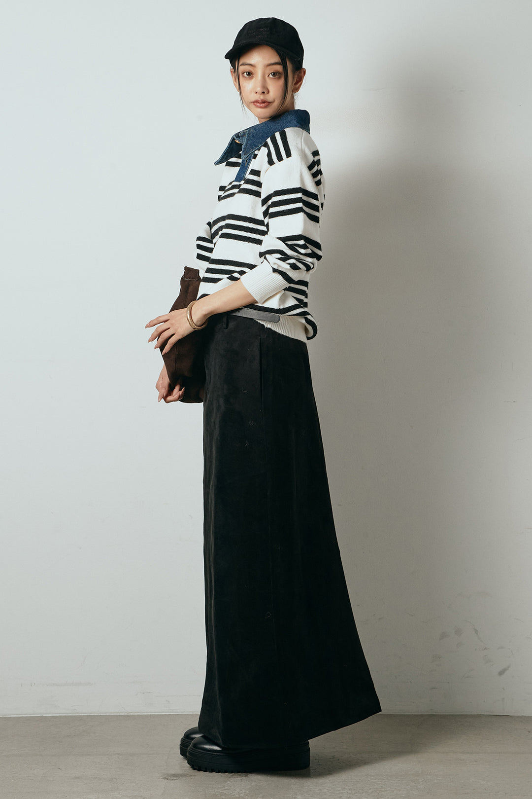 [SET]デニムレイヤード風ランダムボーダーニットプルオーバー+エコスウェードワイドスカート(2set)