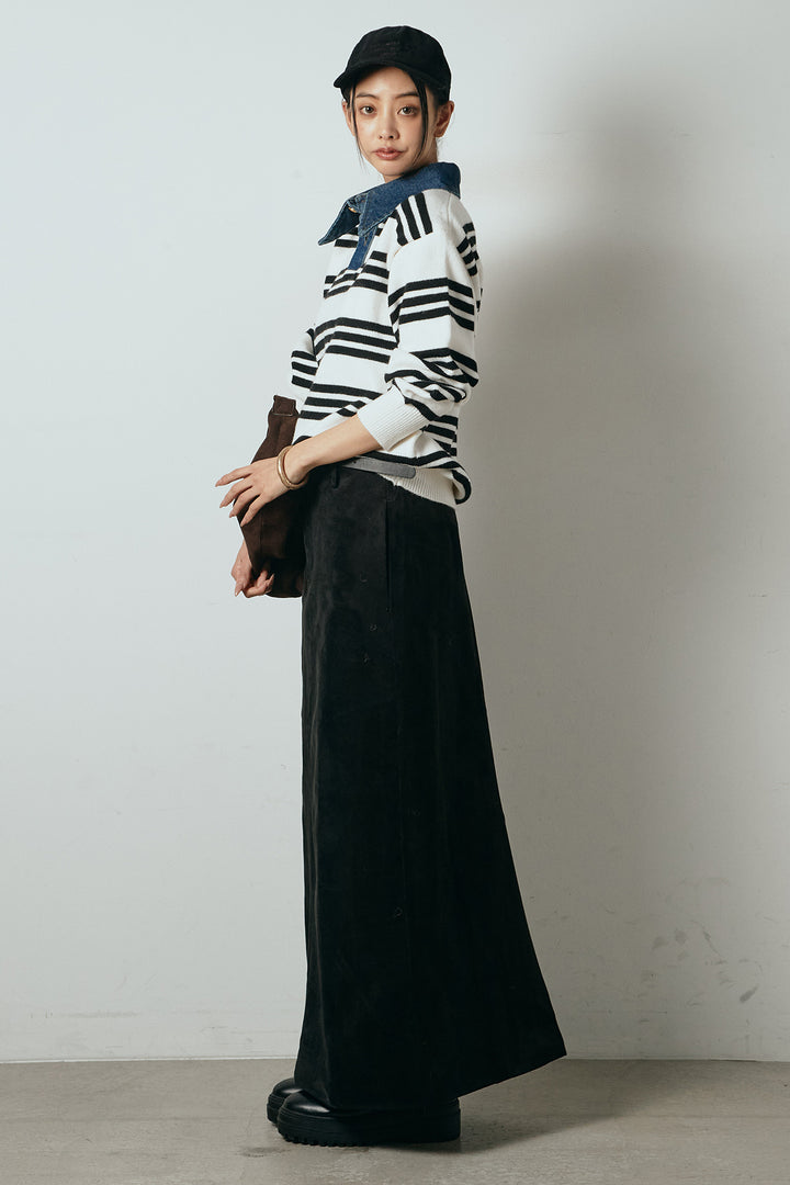 [SET]デニムレイヤード風ランダムボーダーニットプルオーバー+エコスウェードワイドスカート(2set)