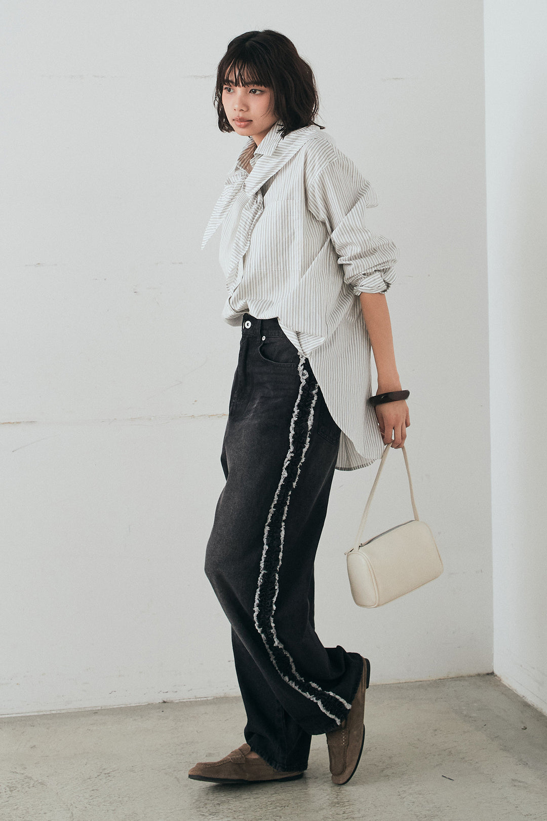 [SET]ランダムストライプスカーフ付きシャツ+デニムサイドフリルパンツ(2set)