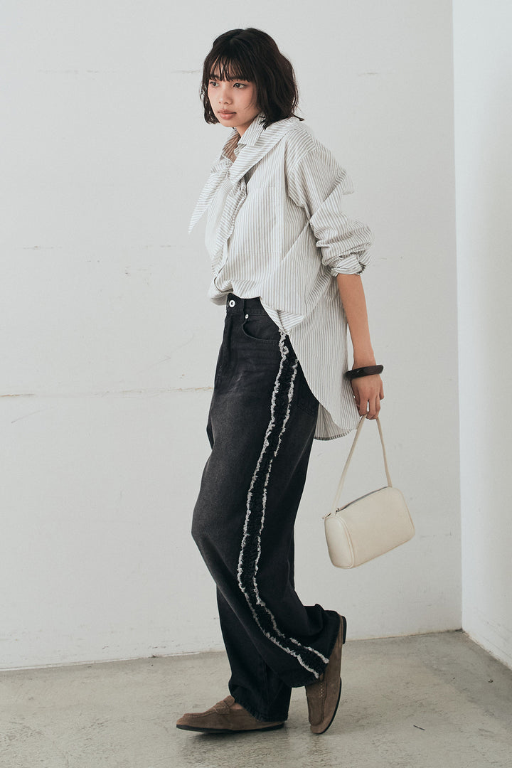 [SET]ランダムストライプスカーフ付きシャツ+デニムサイドフリルパンツ(2set)