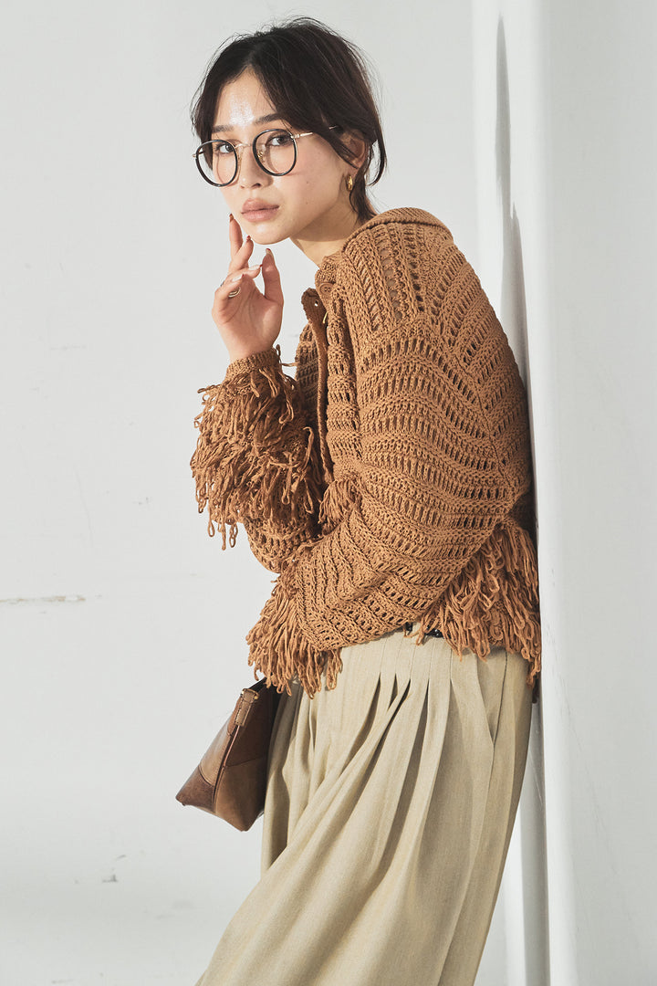 [SET]メッシュフリンジカーディガン+編みベルト付きウエストタックワイドパンツ(2set)