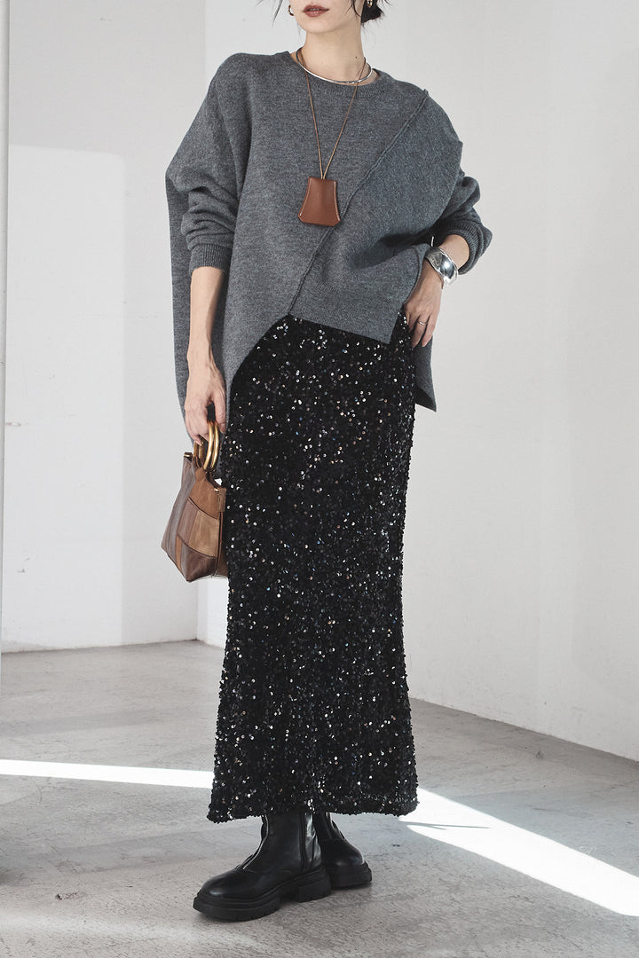 [SET]アシンメトリーデザインニットトップス+スパンコールニットワイドスカート(2set)