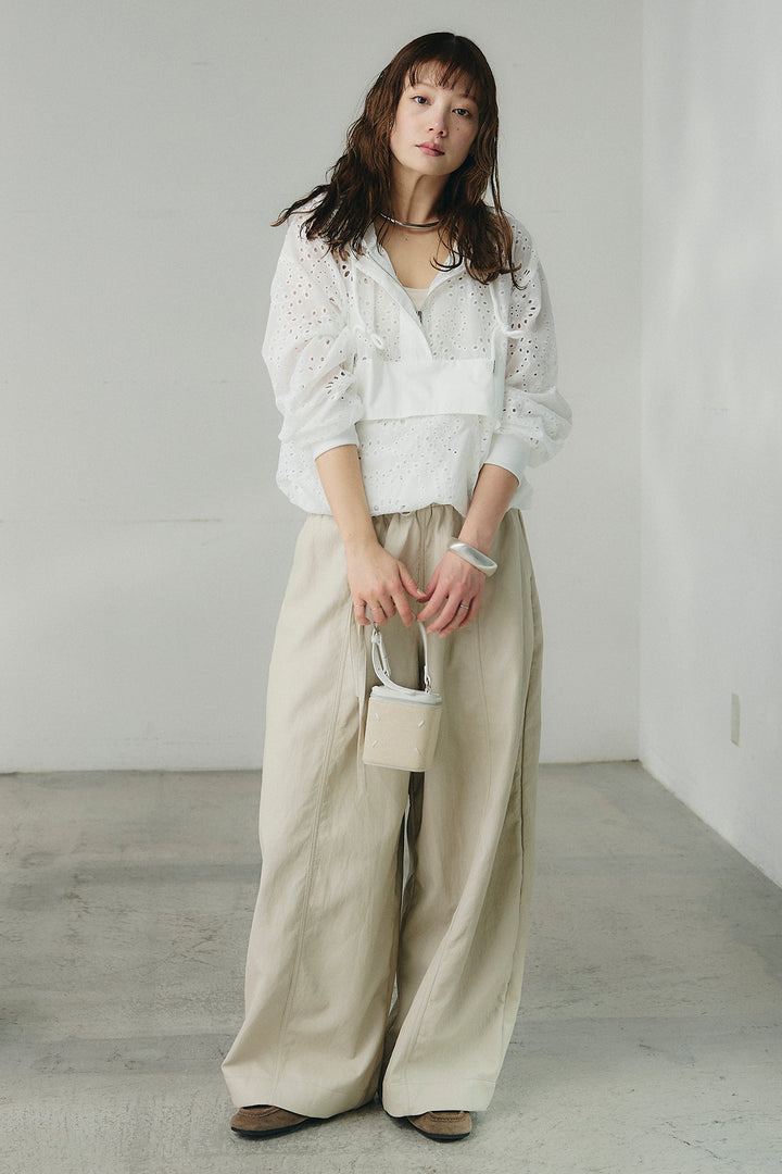 [SET]レースハーフジップアップフーディー+フェイクレザーカーブワイドパンツ(2set)