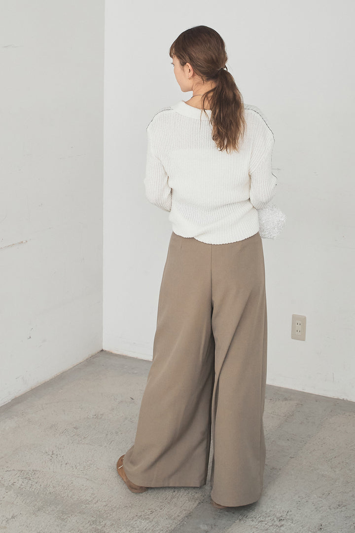 [SET]衿付きニットプルオーバー+ベルト付きツータックワイドパンツ(2set)