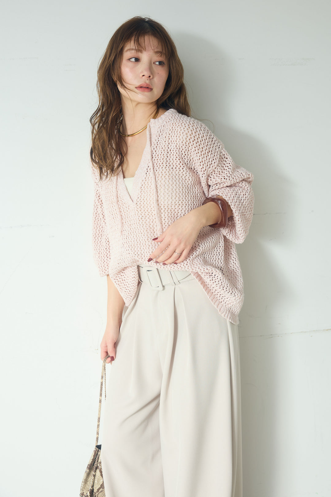 【即納】ミックスメッシュキーネックプルオーバー