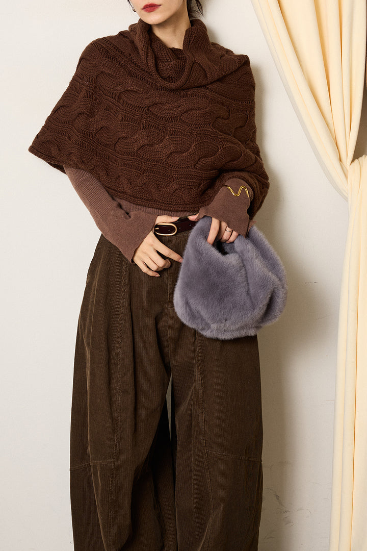 [SET]ケーブル編みケープレイヤードニット+タック入りコーデュロイワイドパンツ(2set)