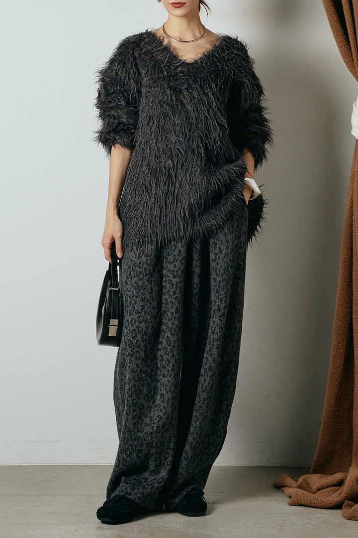 [SET]深Vネックシャギーニットトップス+リラックスレオパード柄ワイドパンツ(2set)