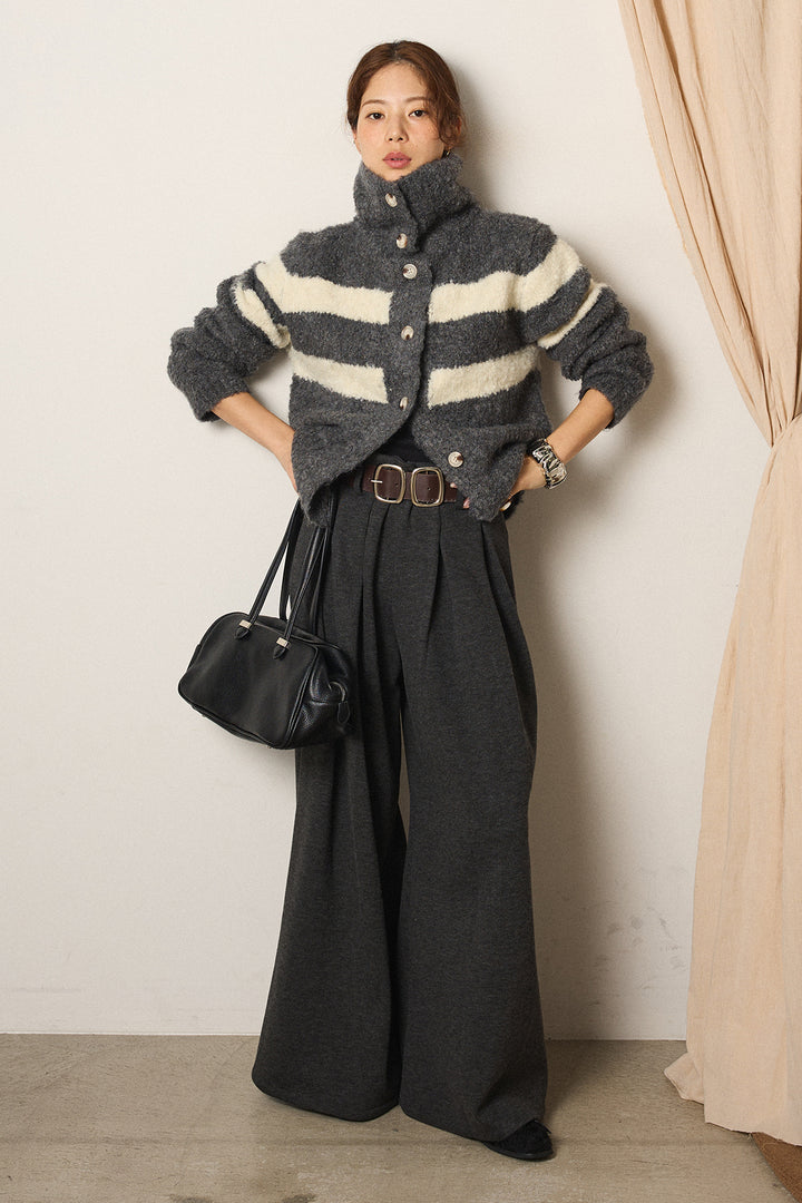 [SET]ハイネックボーダーニットカーディガン+フェイクレザー太ベルト付きタックワイドパンツ(2set)