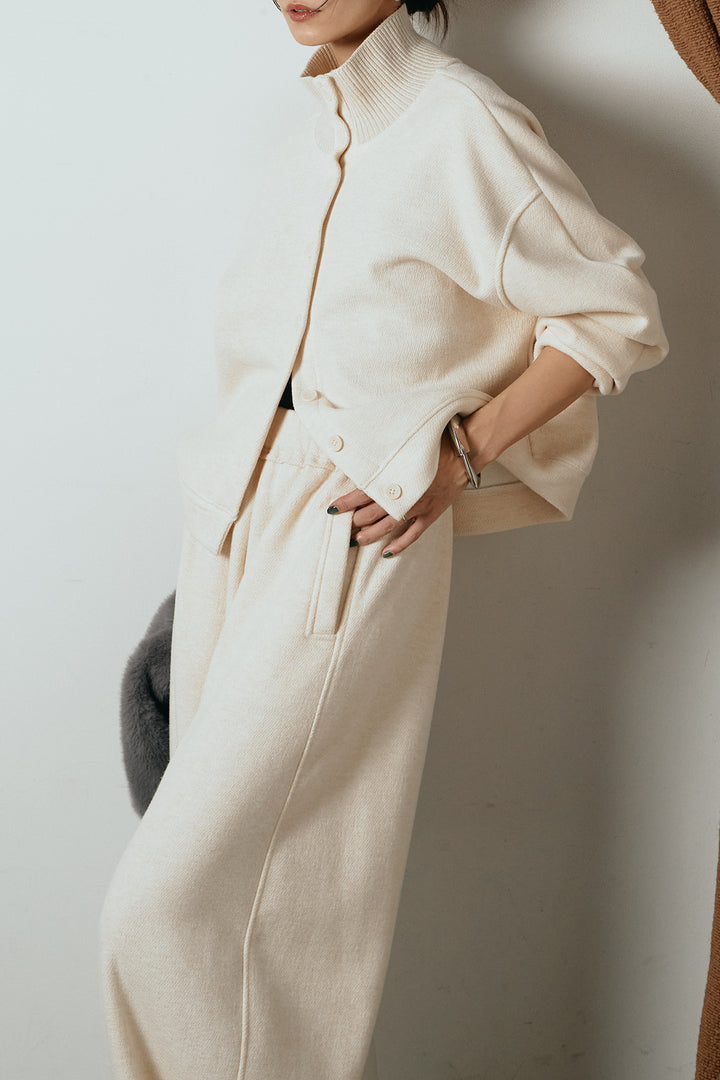 [SET]リブスタンドネックボタントップスSETUP