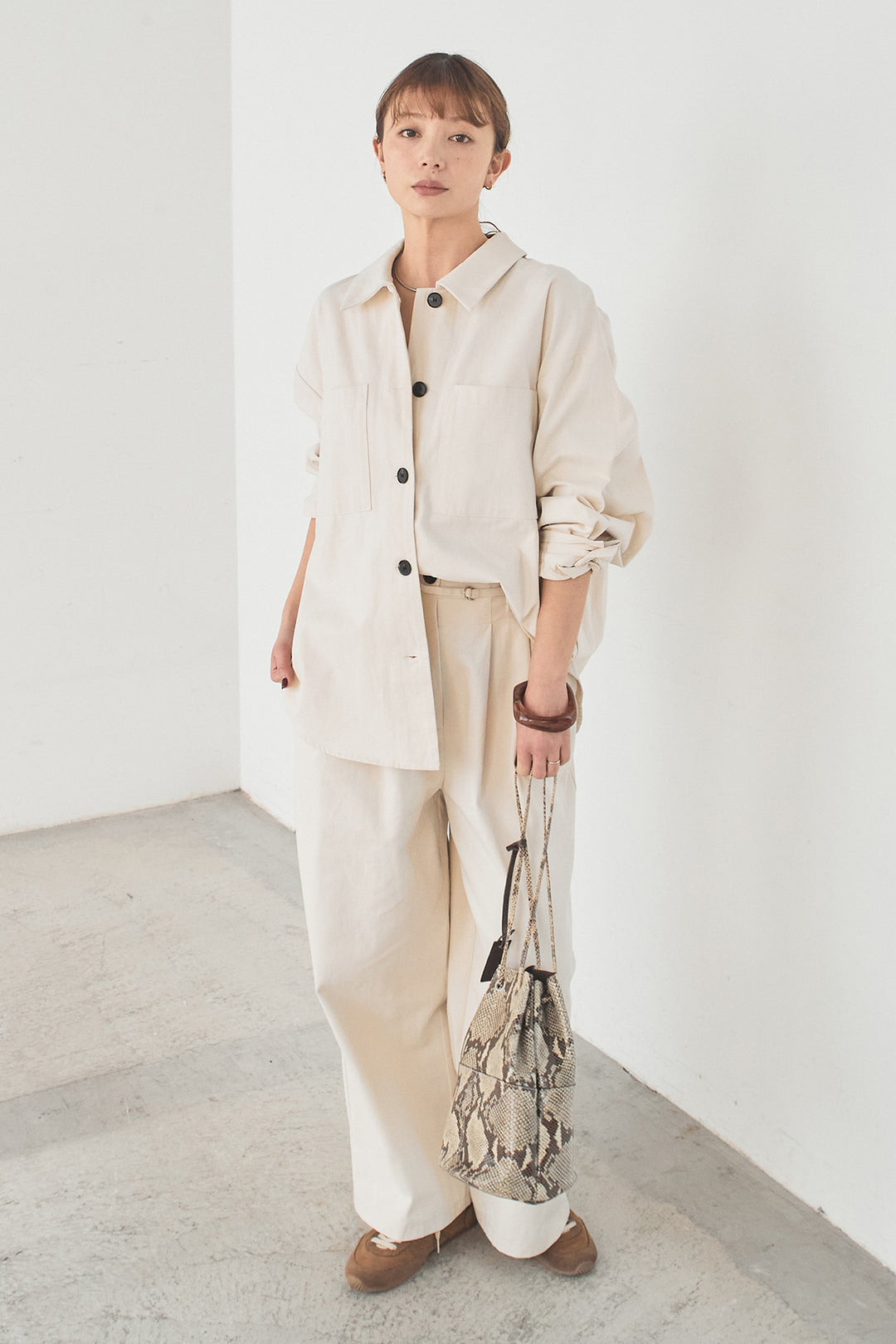 [SET]ツイルシャツジャケット+ツイルハイウエストタックパンツ(2set)