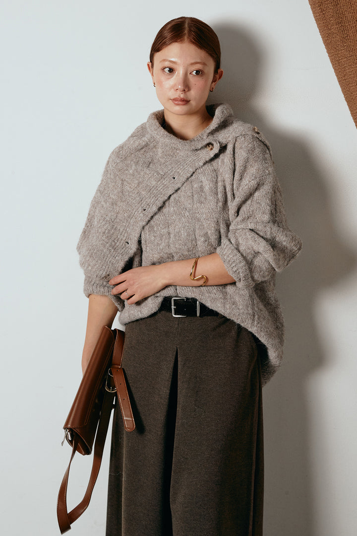 [SET]ケープデザインケーブルニットトップス+ベルト付きフロントタックデザインパンツ(2set)