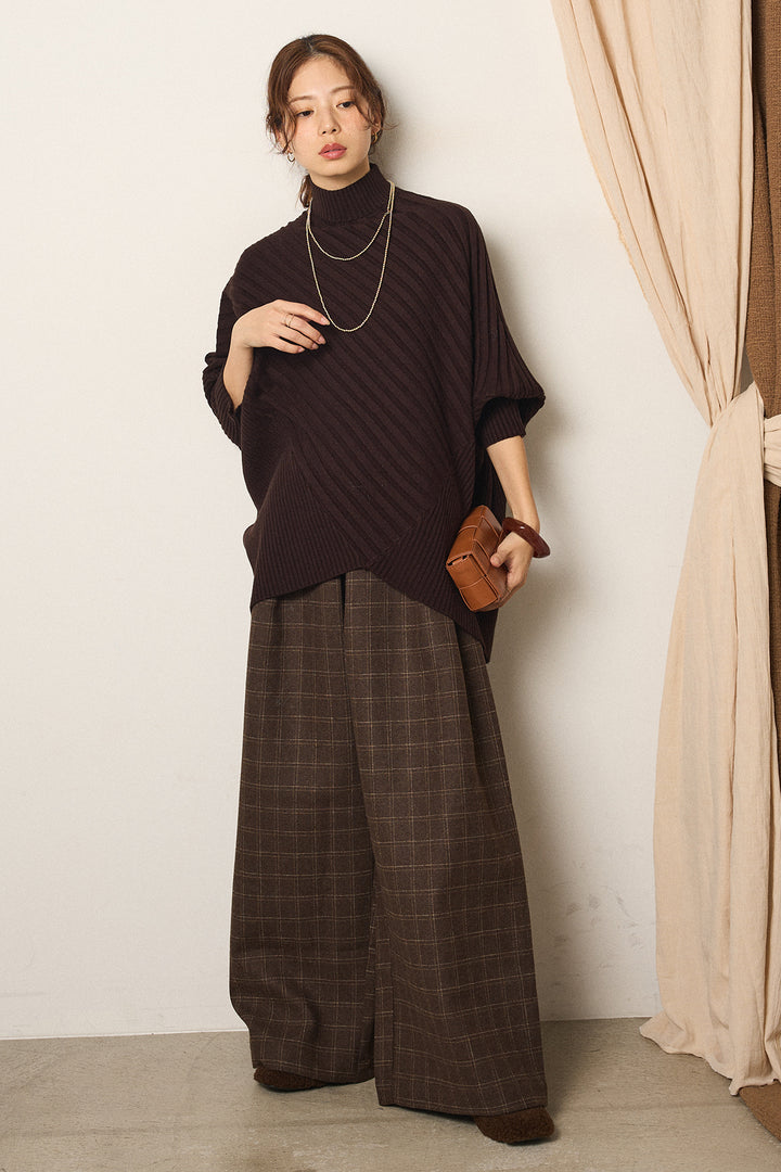 [SET]アシメデザインリブポンチョニットトップス+ウールライクチェックタックパンツ(2set)