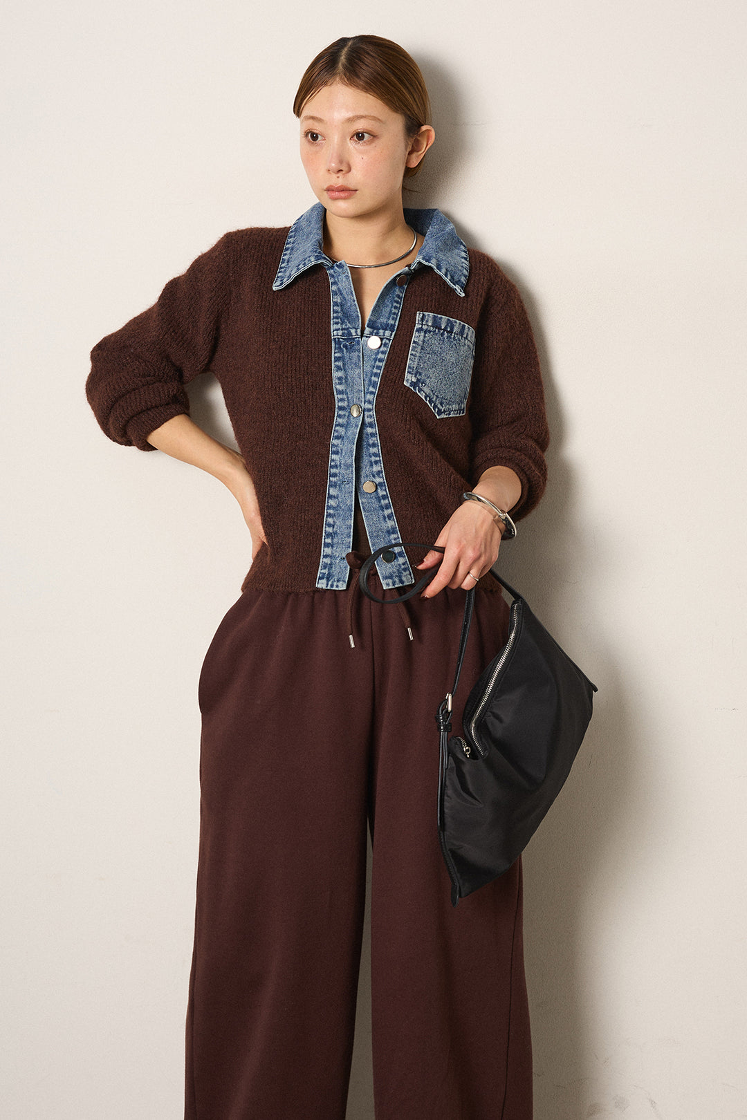 [SET]襟付きデニム切替ニットカーディガン+裏起毛スウェットワイドパンツ(2set)