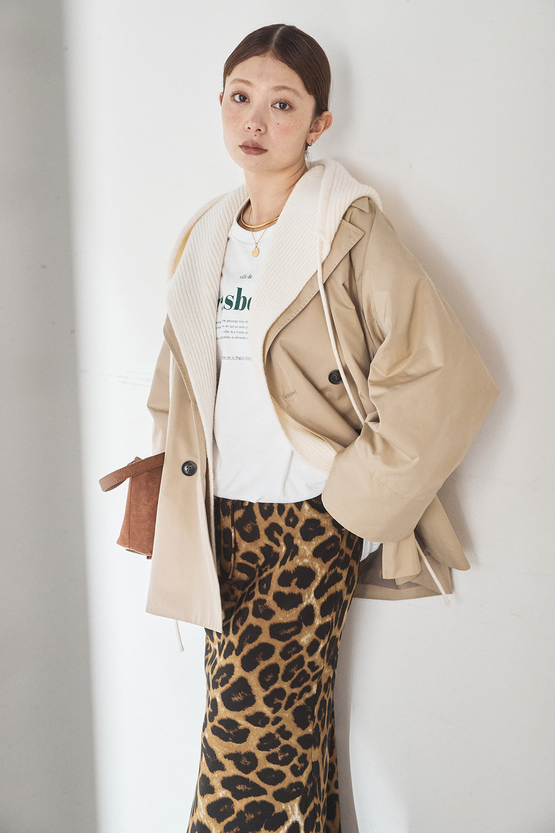 [SET]ナイロントレンチコート+レオパードサテンナロースカート(2set)