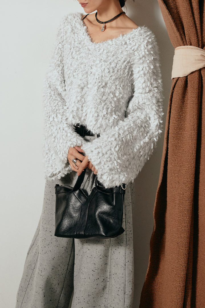 [SET]深Vネックチョウチョヤーンニットトップス+ベルト付きネップツイードカーブパンツ(2set)