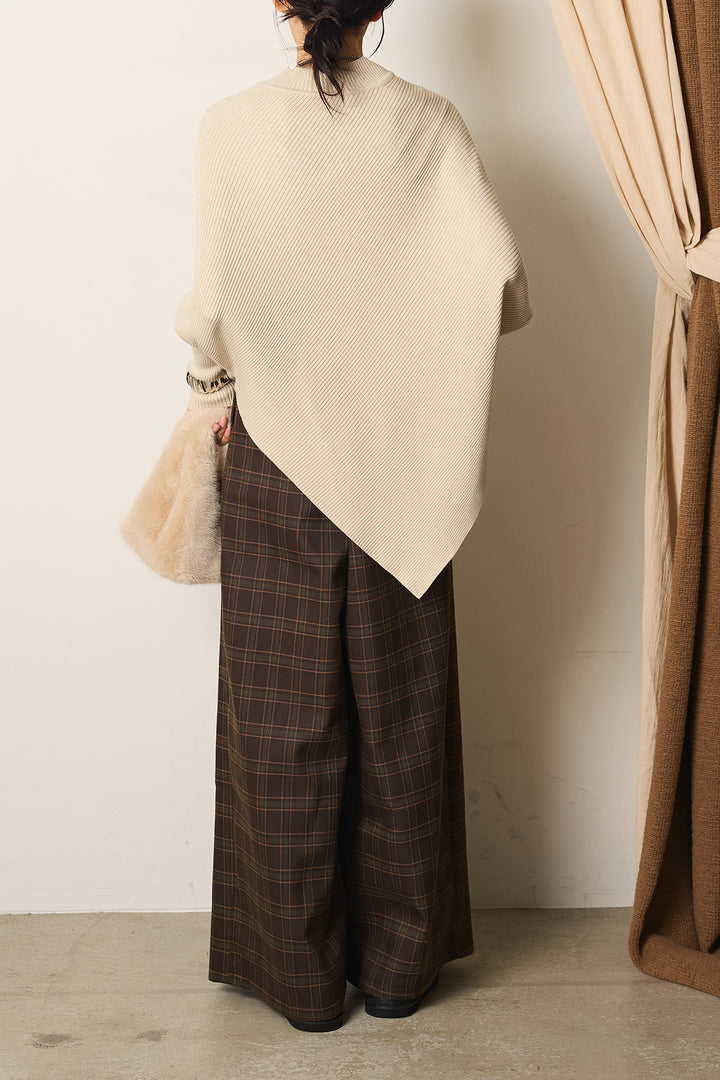[SET]裾アシメデザインニットトップス+タータンチェック柄くすみワイドパンツ(2set)