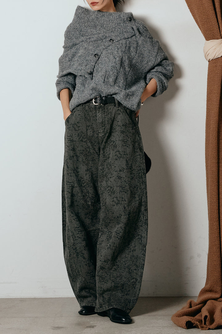 [SET]ケープデザインケーブルニットトップス+ベルト付きニュアンス柄カーブワイドパンツ(2set)