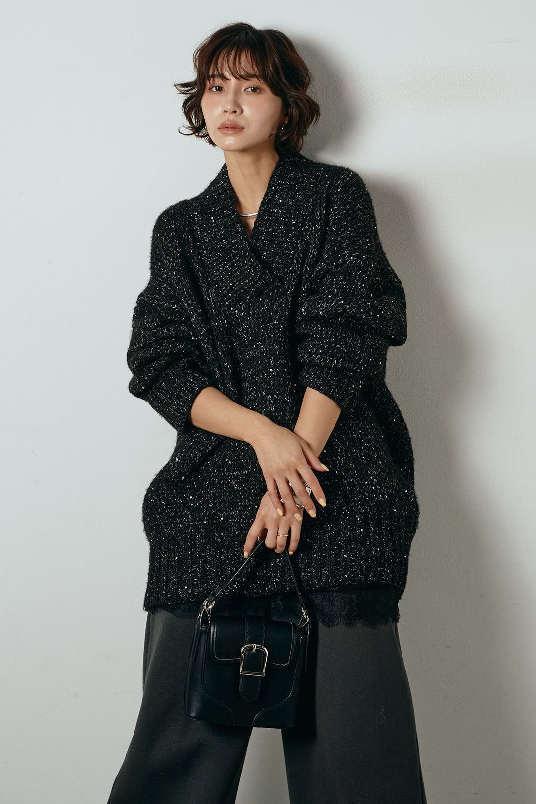 [SET]Vネックラメニットトップス+レース切り替えキャミソール(2set)