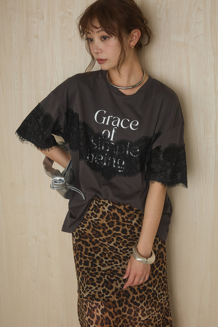 [SET]レースロゴプリントTシャツ+レオパード柄スカート(2set)