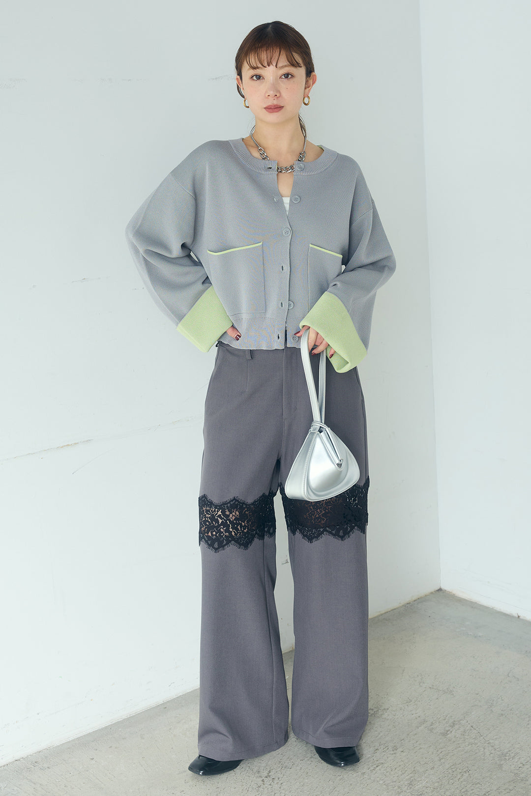 [SET]レーヨンポリダブルフェイスカーディガン+レース刺繍切替ワイドパンツ(2set)