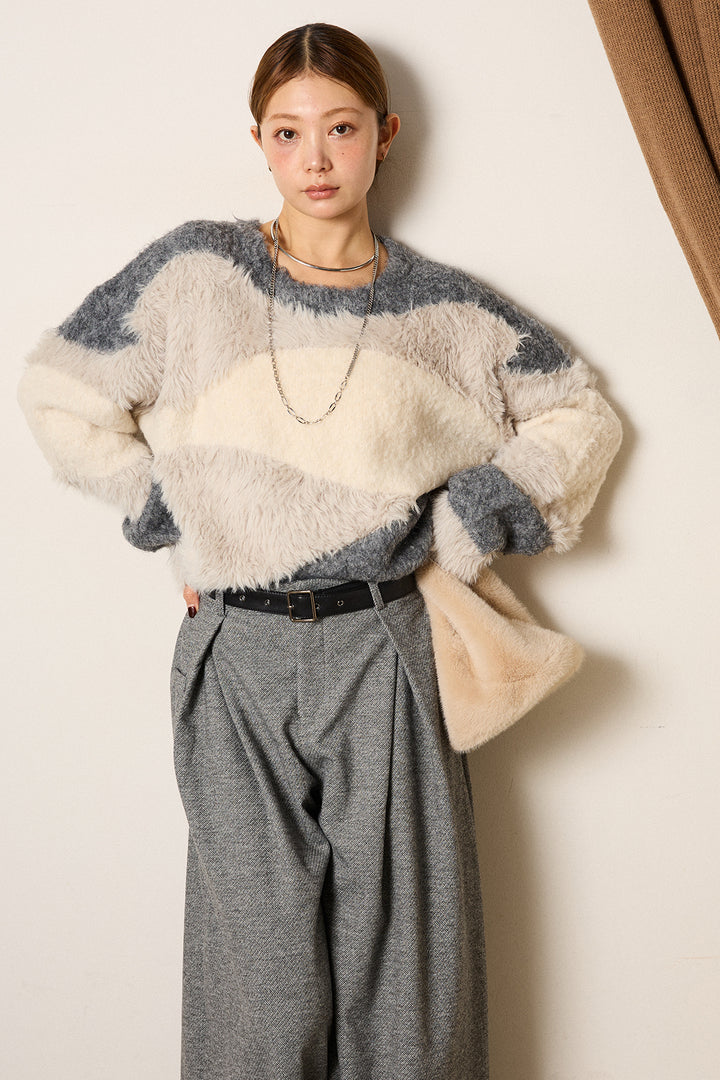 [SET]シャギーウェーブ柄クルーネックニットトップス+細ベルト付き起毛タックワイドパンツ(2set)