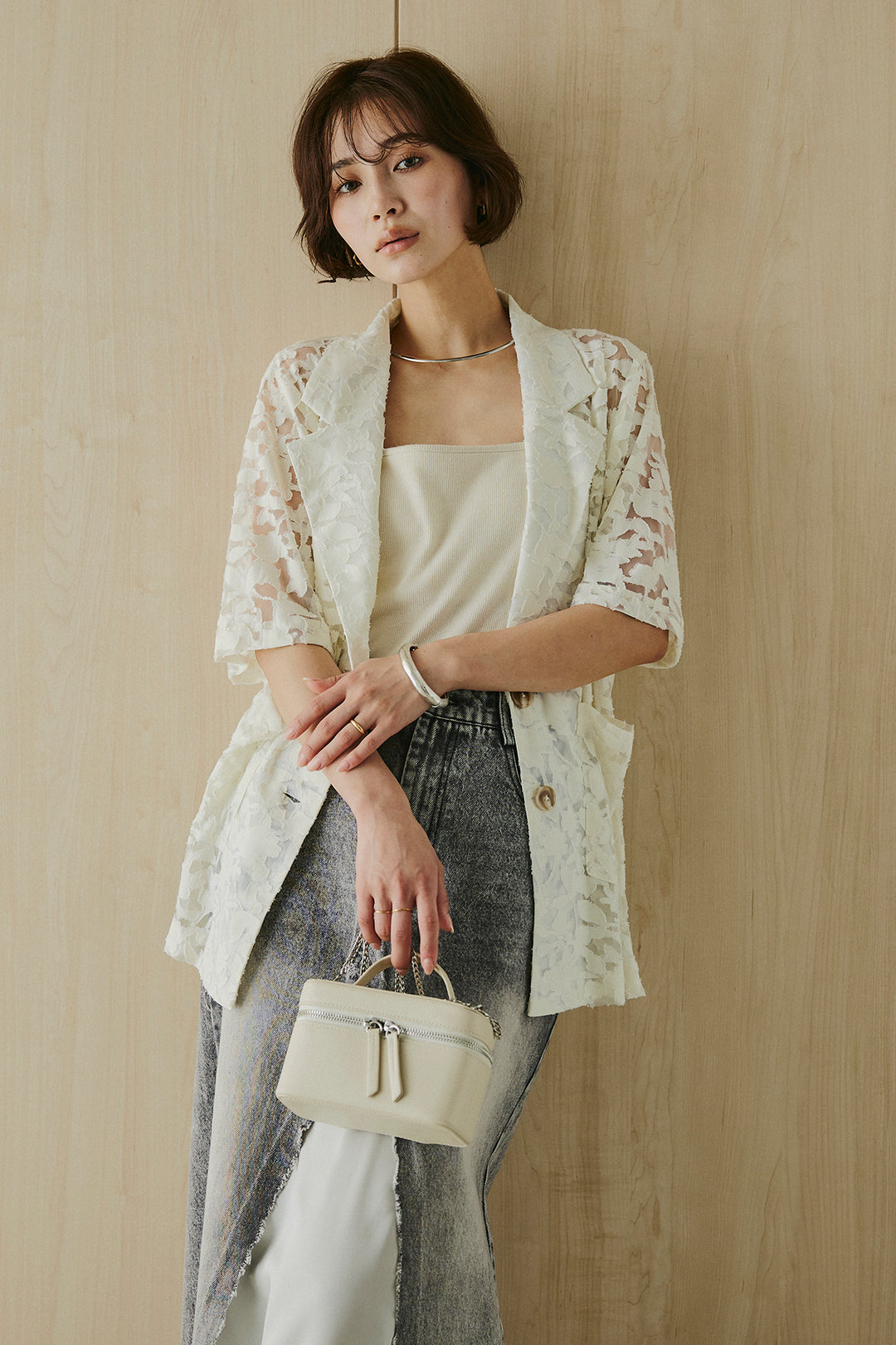 [SET]シアージャガードハーフスリーブテーラードジャケット+サテン切り替えデニムスカート(2set)