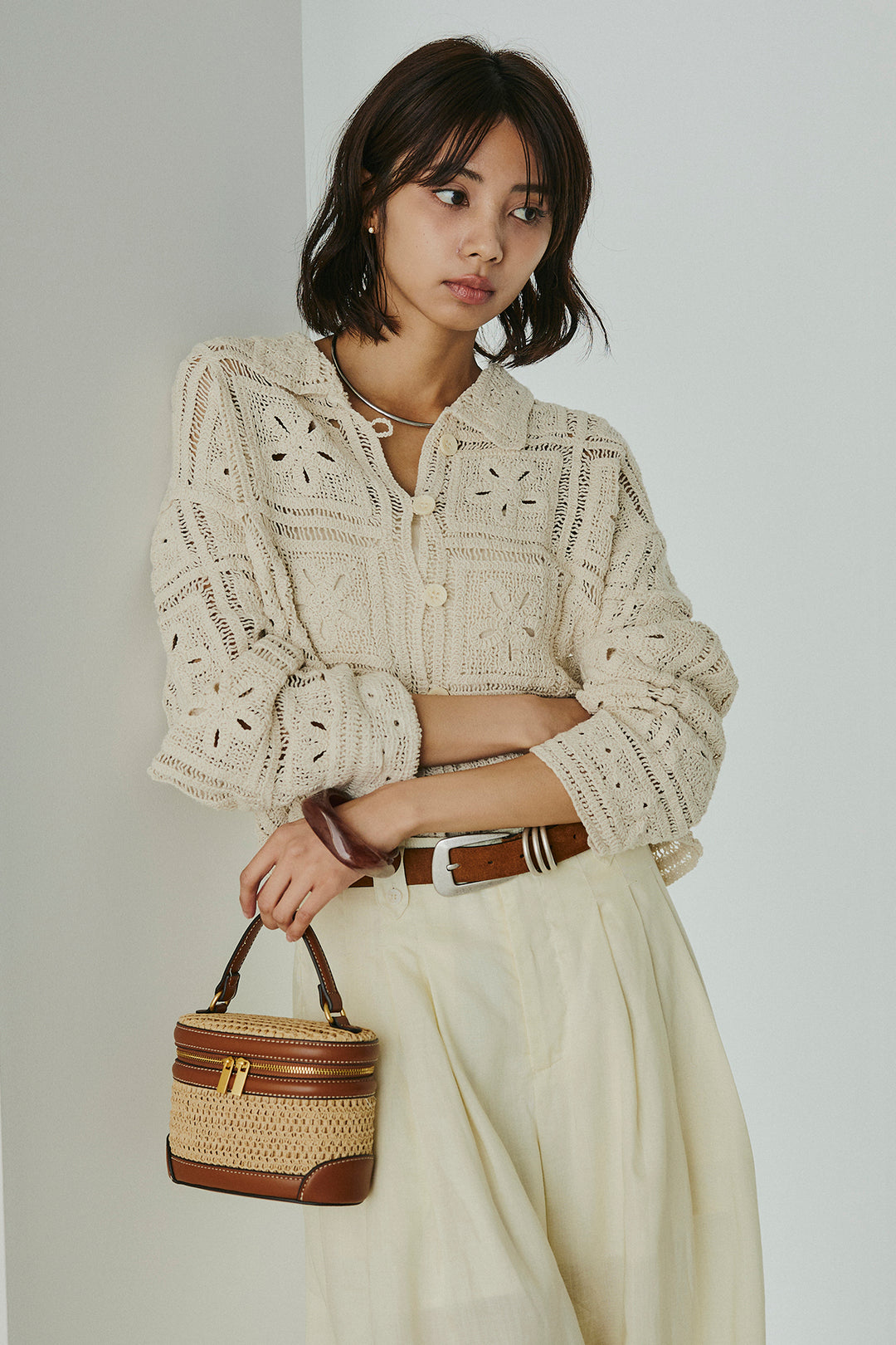 [SET]鍵編みフラワーレースカーディガン+タック入りワイドパンツ(2set)