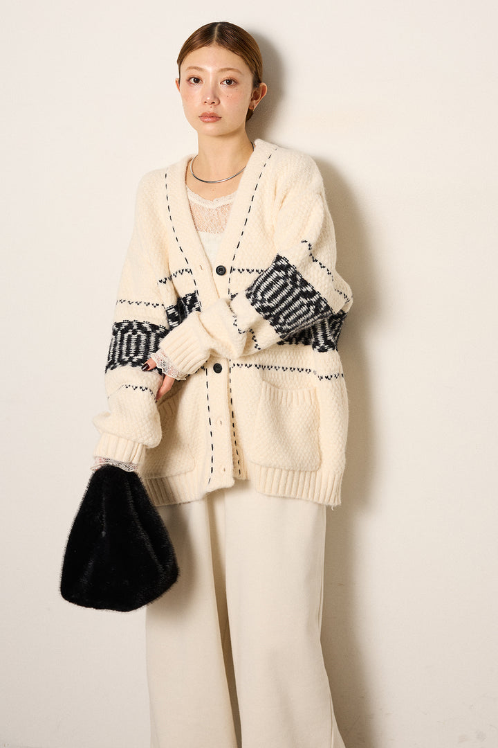 [SET]ライン柄ステッチニットカーディガン+2WAY袖コード刺繍クルーネックプルオーバー(2set)