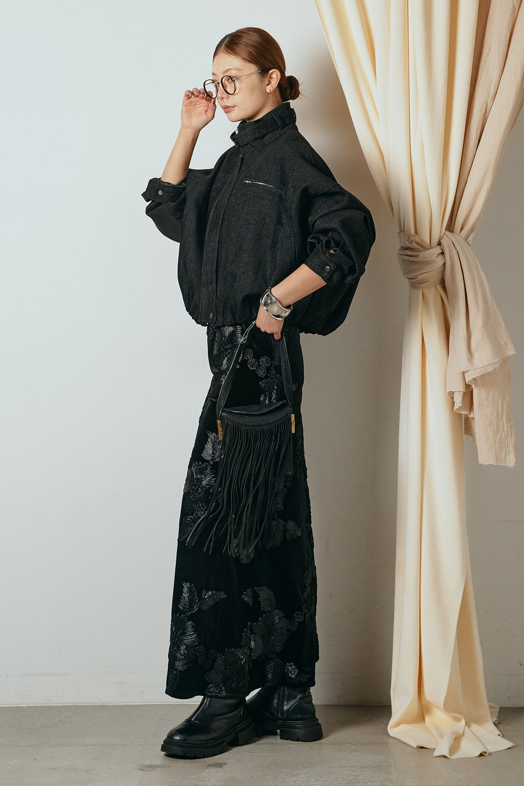 [SET]デニム調ハイネックブルゾン+フラワー刺繍ワイドスカート(2set)