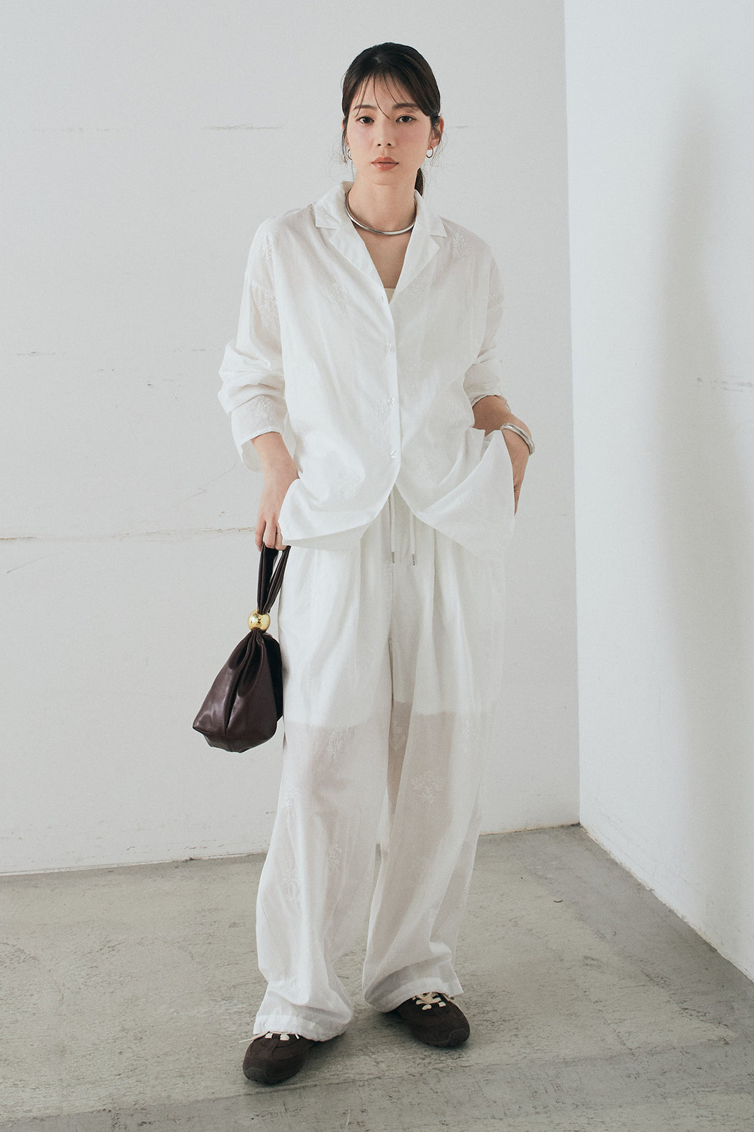 [SET]刺繍ローンオープンカラーシャツ+刺繍ローンタックイージーパンツ(2set)