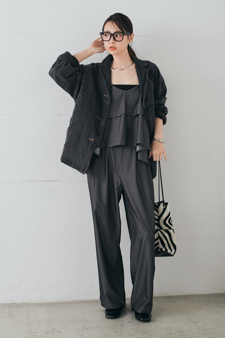 [SET]オーバーデニムジャケット+デニムライクツイルタックパンツ+デニムライクツイルティアードキャミソール(3set)