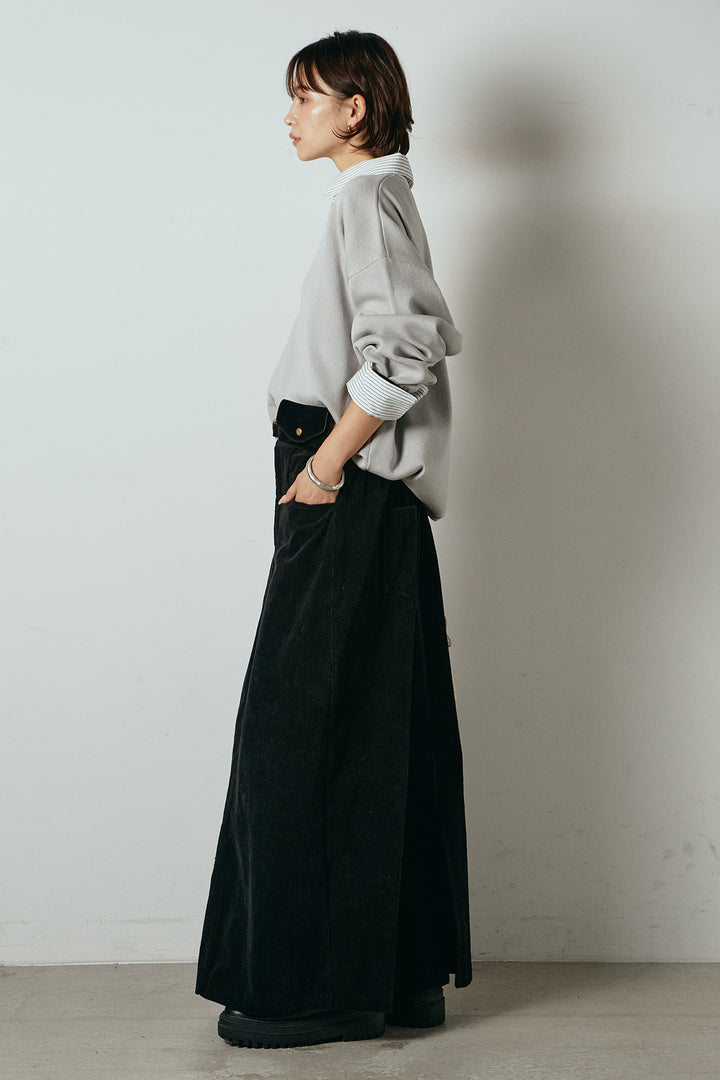 [SET]ストライプシャツドッキングポロトップス+ポーチベルト付きコーデュロイワイドスカート(2set)