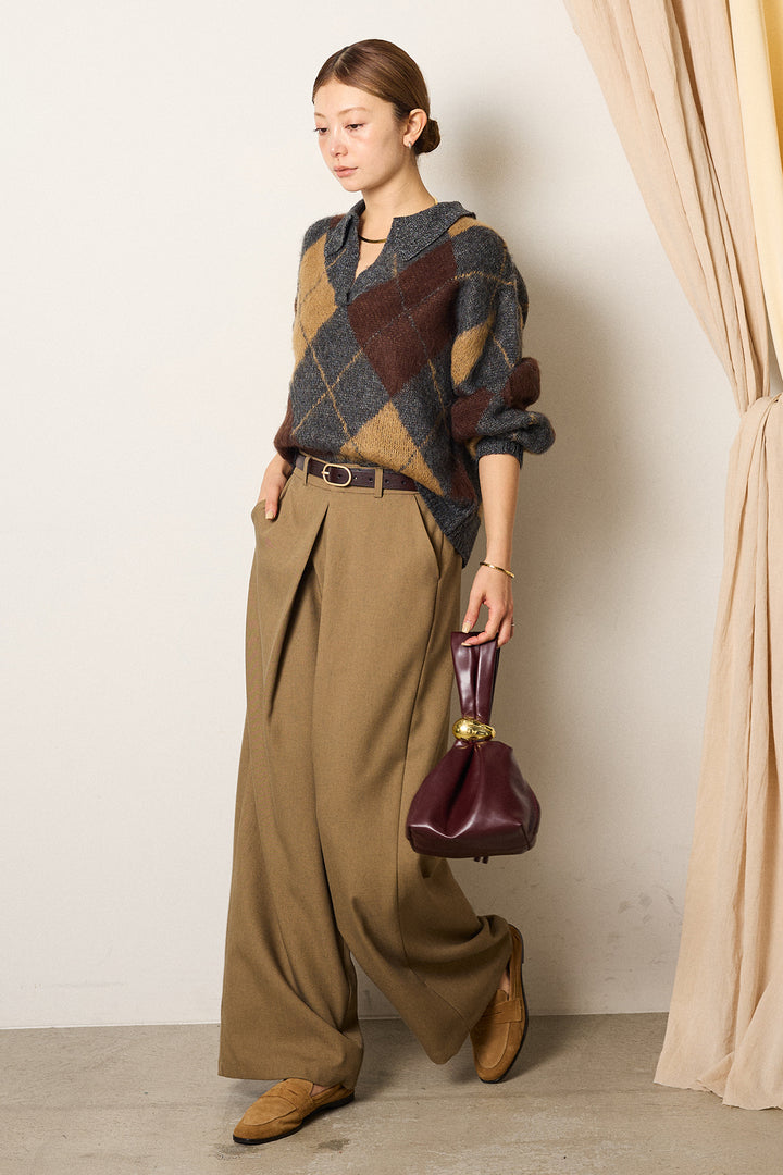 [SET]アクリルモヘアアーガイルキーネックプルオーバー+フロントワイドタックネップ入ワイドパンツ(2set)