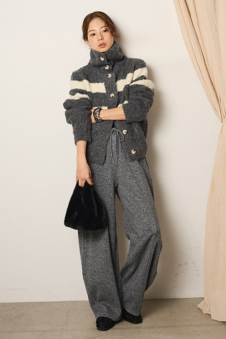 [SET]ハイネックボーダーニットカーディガン+杢ニットフレアパンツ(2set)