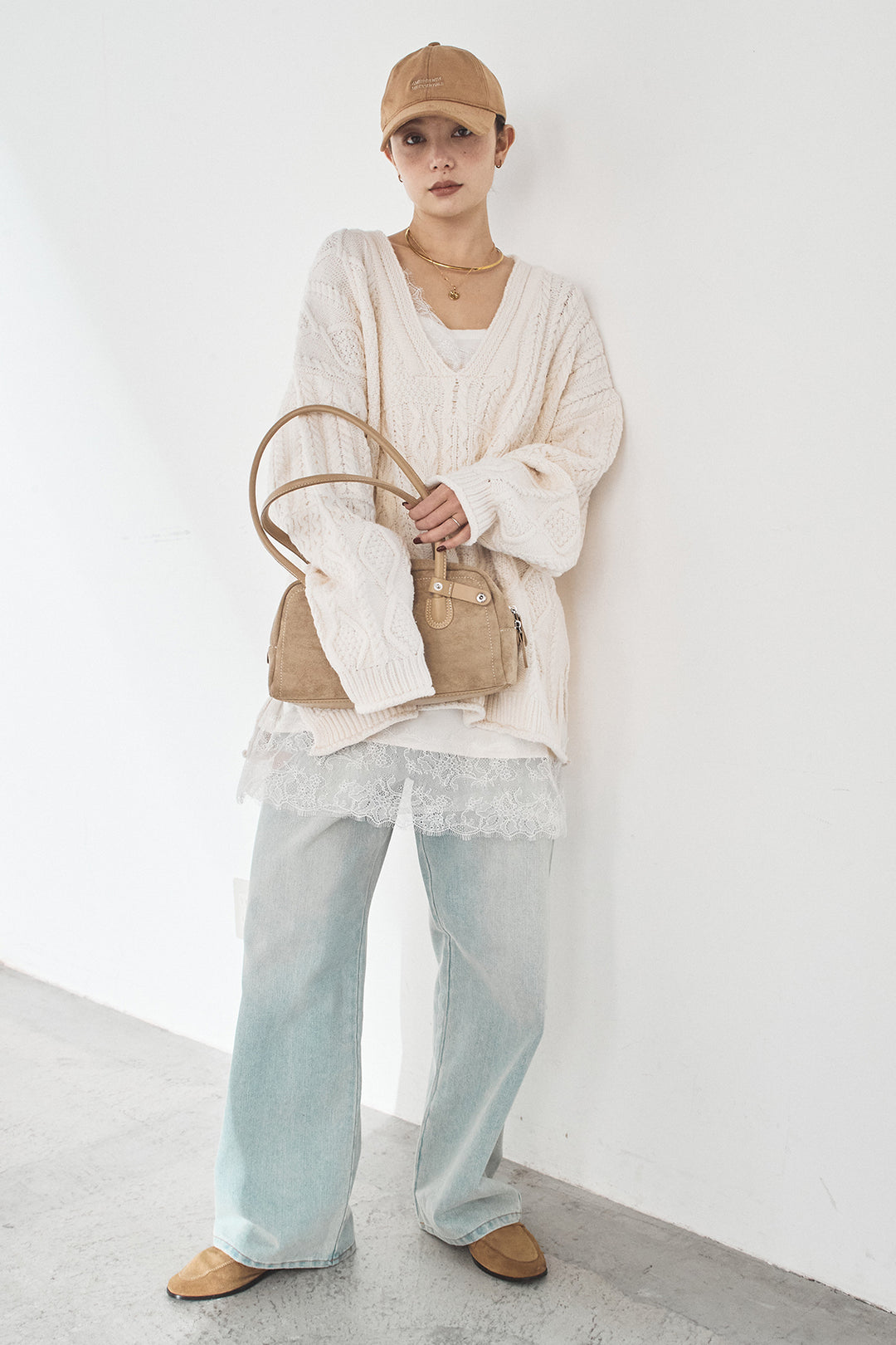 [SET]ケーブルVニットセーター+デニムサイドカットパンツ(2set)