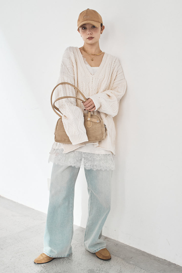 [SET]ケーブルVニットセーター+デニムサイドカットパンツ(2set)