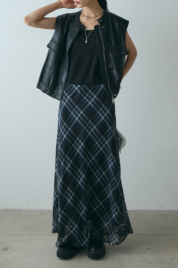 [SET]バンドカラーフェイクレザーベスト+マルチ柄シアースカート(2set)