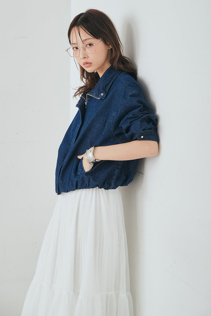 [SET]スタンドカラーデニムブルゾンジャケット+ボリュームシルエットチュールスカート(2set)