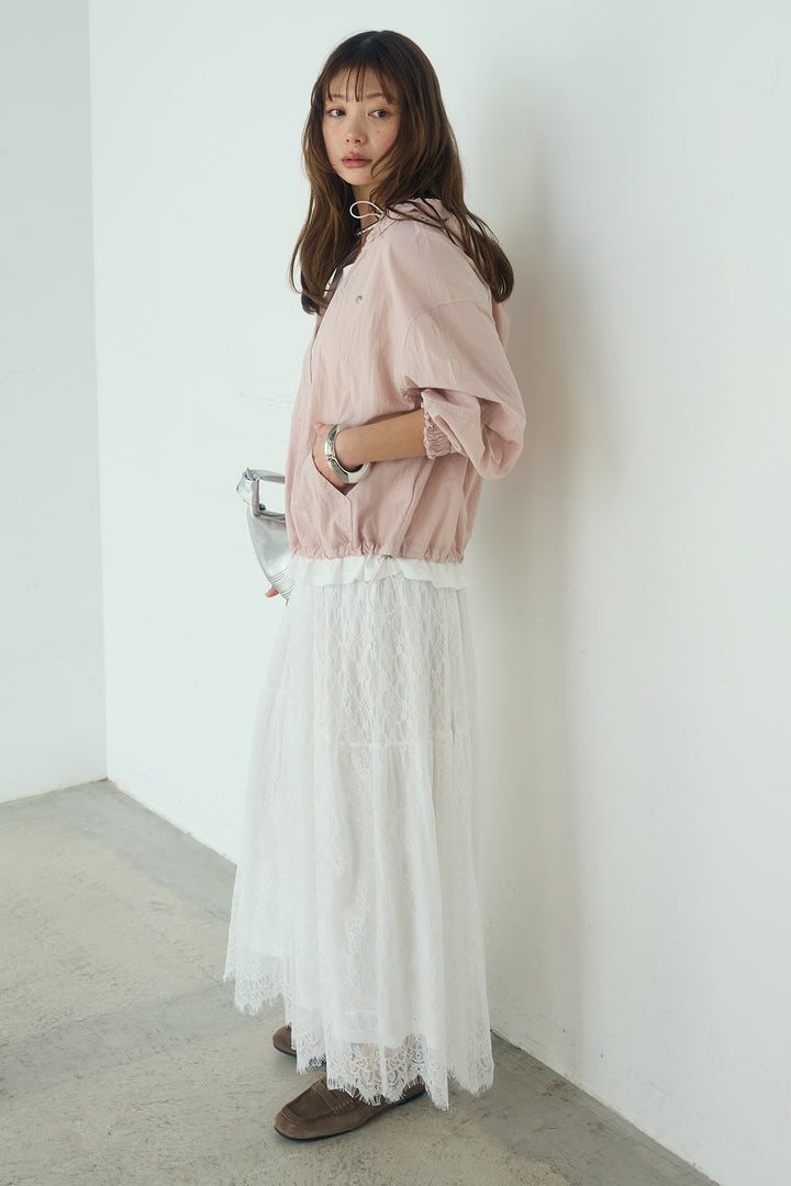 [SET]レイヤードデザインフーディートップス+ひげレース切替ロング丈スカート(2set)