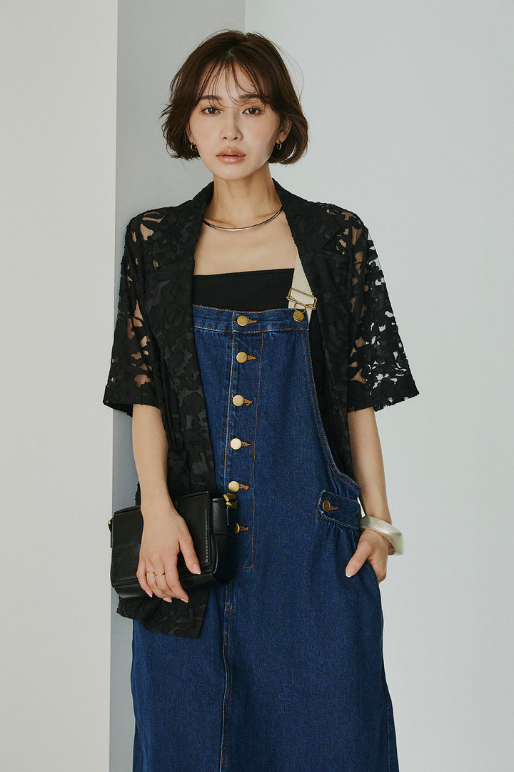 [SET]シアージャガードハーフスリーブテーラードジャケット+配色ショルダーデニムサロペットスカート(2set)