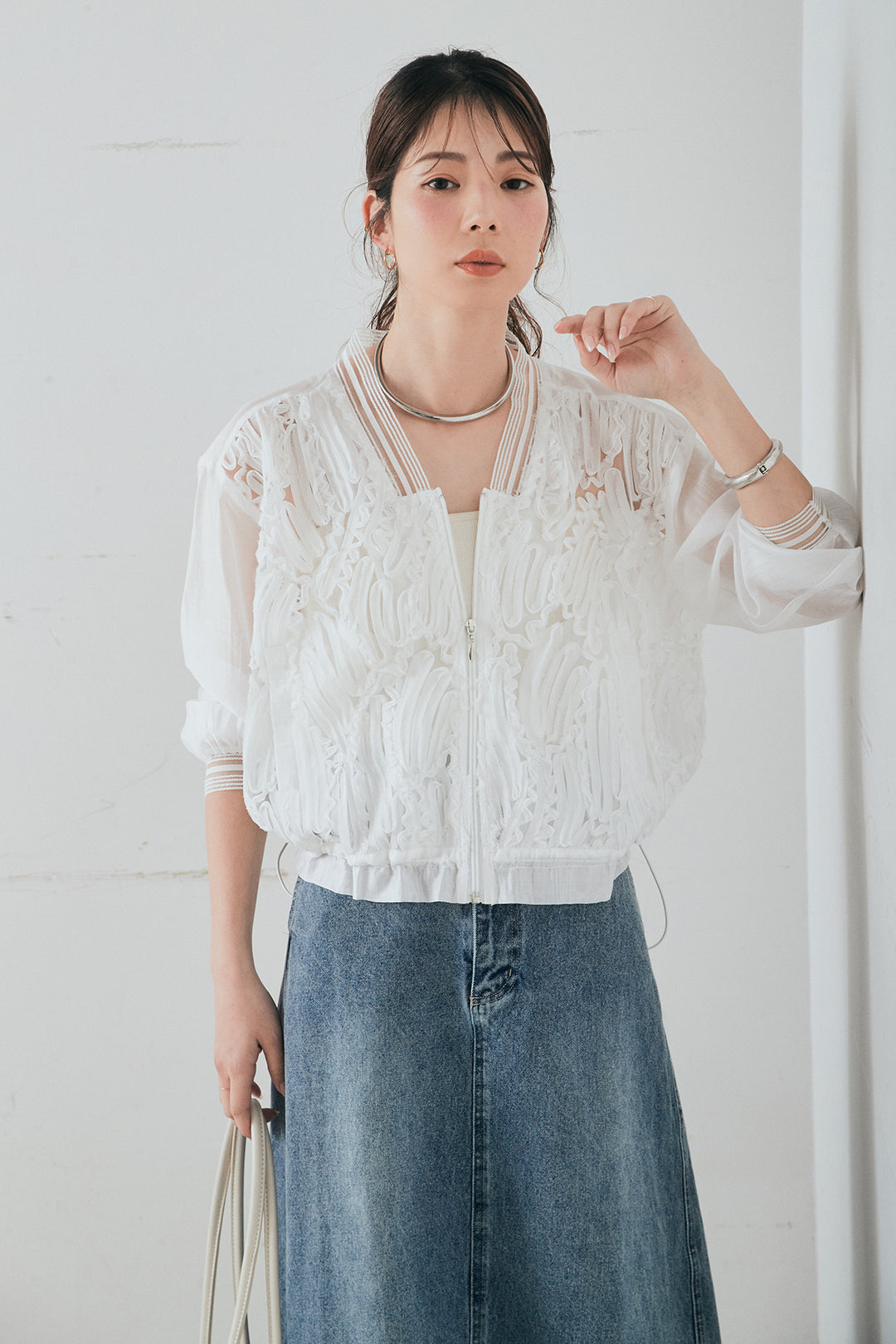 [SET]モチーフ付きシアーブルゾン+デニムロングフレアスカート(2set)