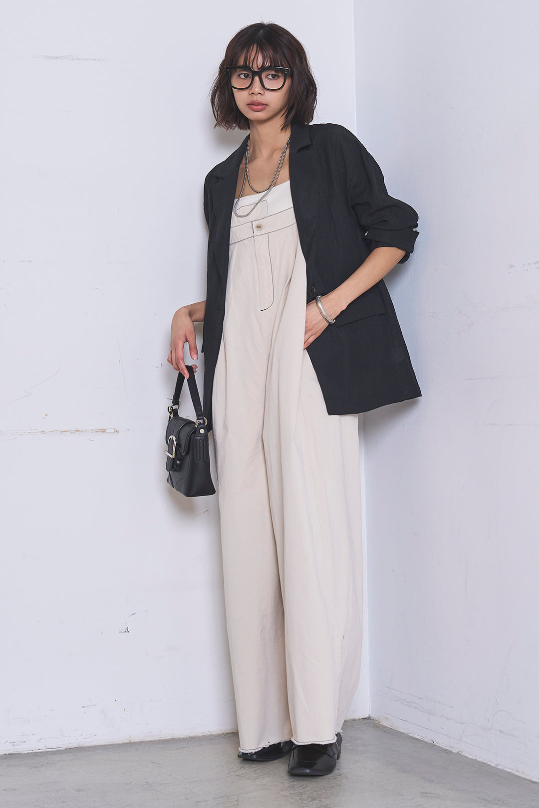 [SET]リネンブレンドテーラードシアージャケット+綿ツイルアシメサロペット(2set)