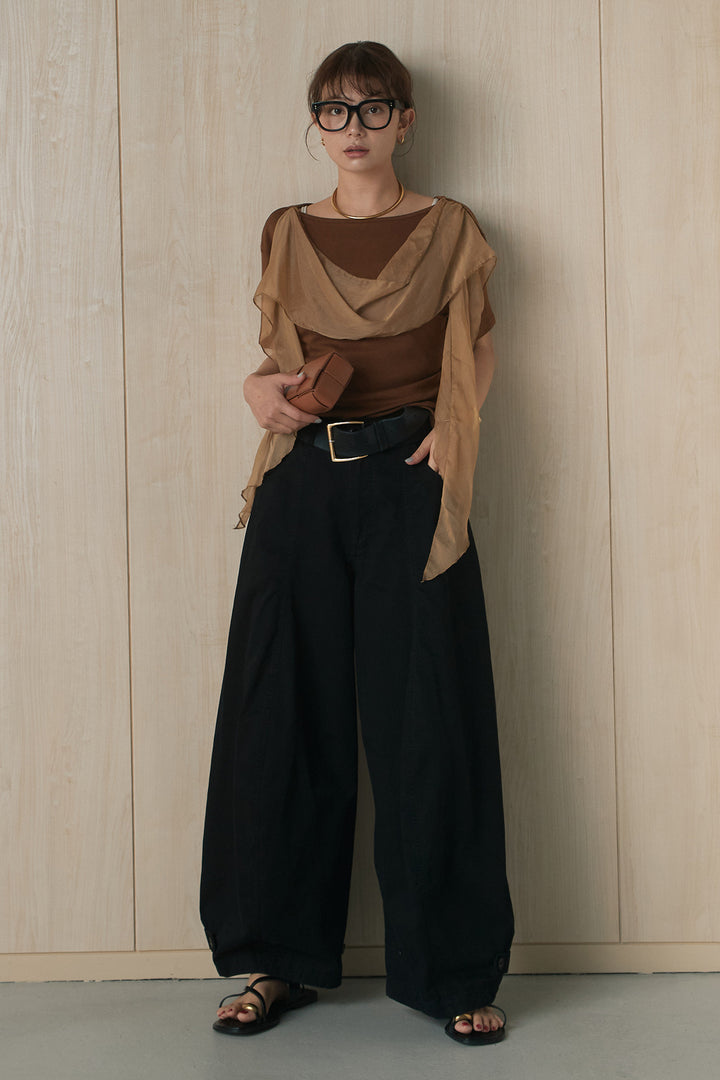 [SET]シフォン付きドレープ半袖カットソー+裾ボタン付きバレルパンツ(2set)