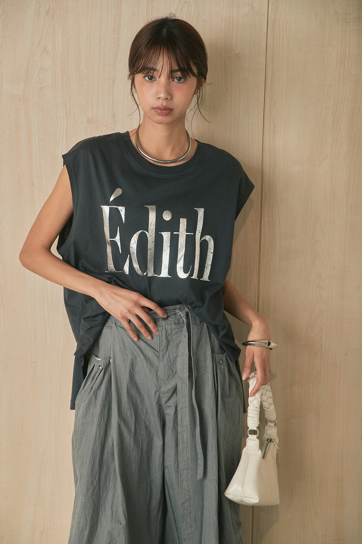 [SET]箔ロゴプリントノースリーブTシャツ+スタッズ付きポケットタックパンツ(2set)