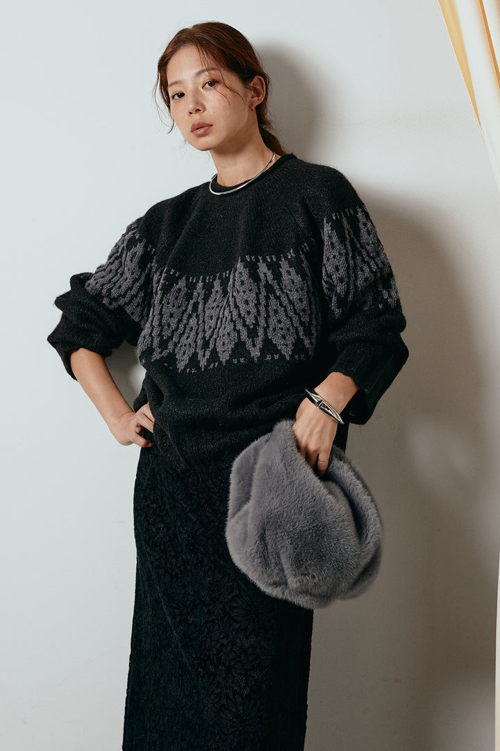 [SET]モノトーン柄ニットトップス+花柄刺繍ベロアフレアスカート(2set)